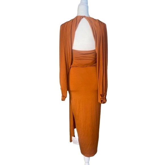 NWT ASOS Design Glam Volume Sleeve Cut Out Ring Detail Midi Dress Rust Size 4 - Picture 6 of 9